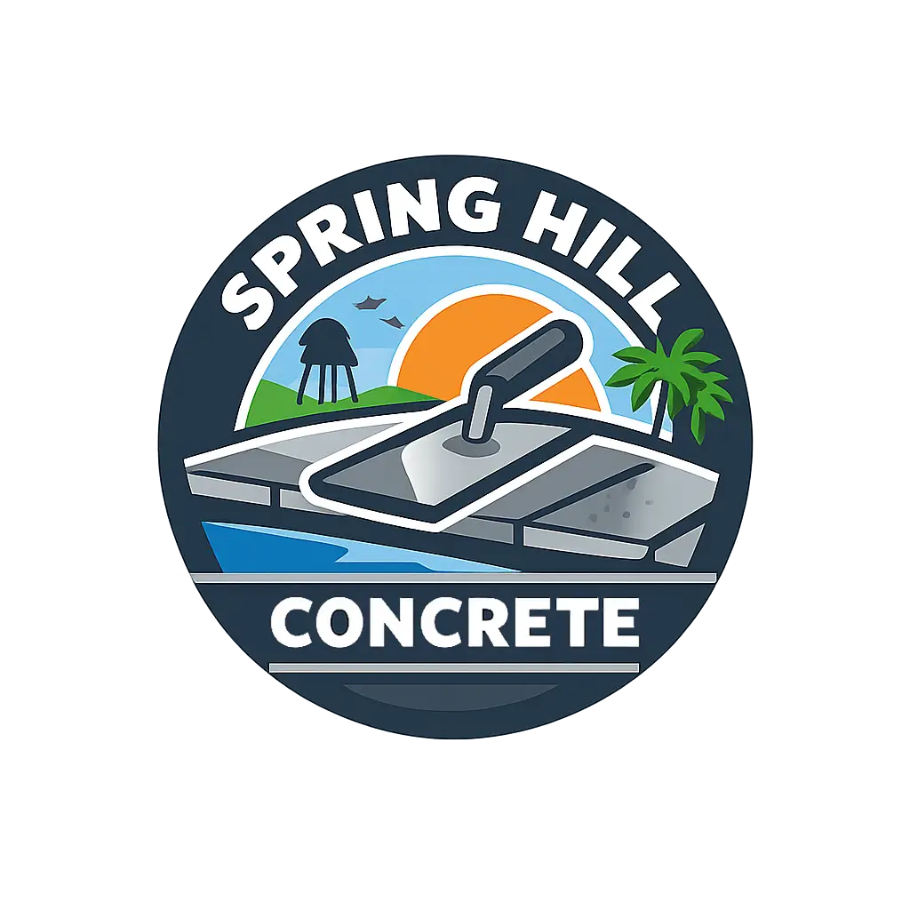 Spring Hill, FL concrete contractor logo featuring trowel, slab, sun, palm tree icon